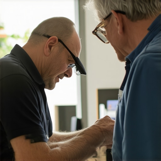 Technician explaining repair details to a homeowner in a workshop