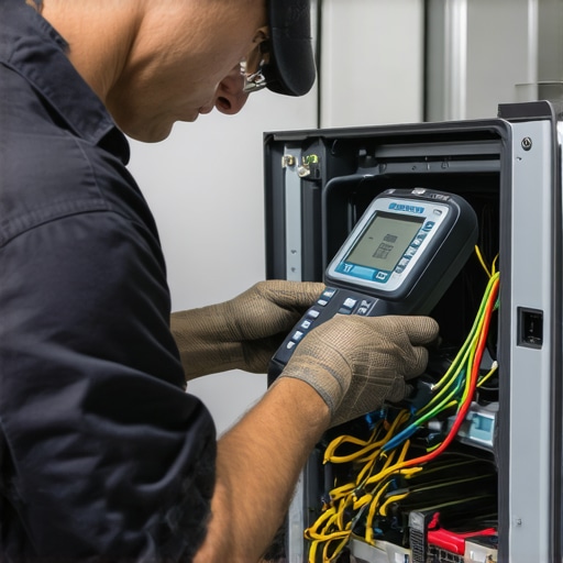 Technician operating thermal imaging and electronic analyzers during appliance repair.