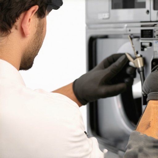 Technician with certification badge repairing appliance