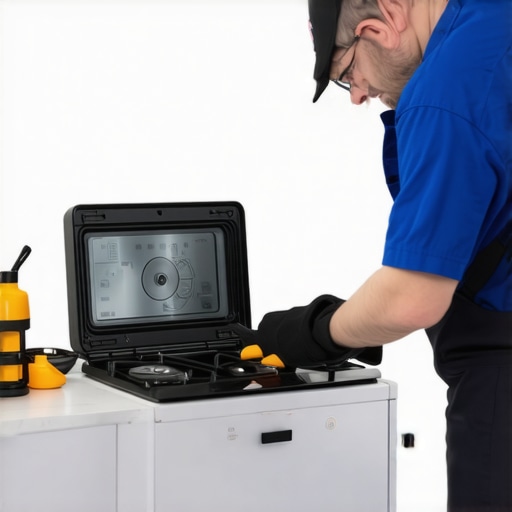 Technician repairing appliance with diagnostic tools in a modern kitchen