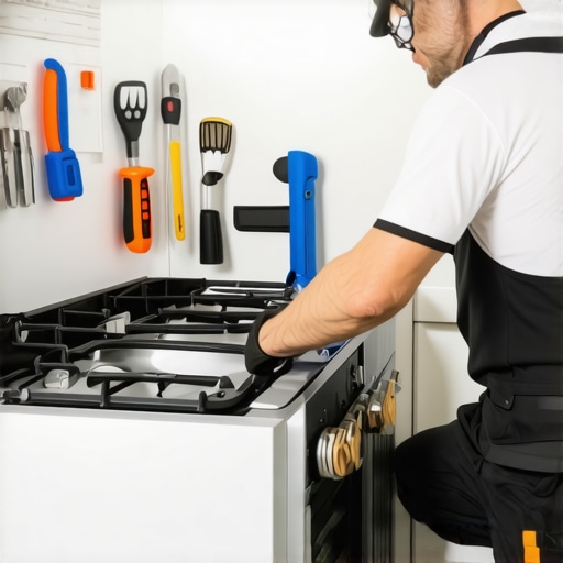 Expert Appliance Repair in a Modern Kitchen Technician repairing appliance in a contemporary kitchen setting.