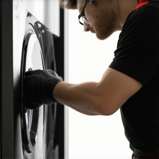 Technician repairing an appliance with precision in a home environment.