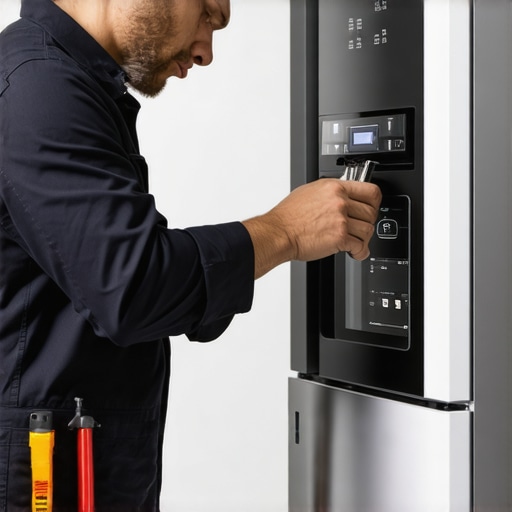 Technician troubleshooting a smart home appliance with digital interface.