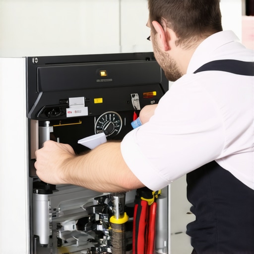 Technician repairing refrigerator with tools and warranty documents