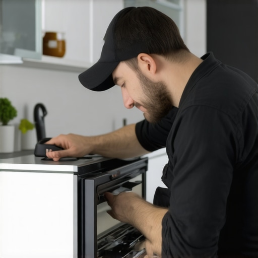Technician repairing a washing machine quickly in a well-lit kitchen, emphasizing professionalism and speed.