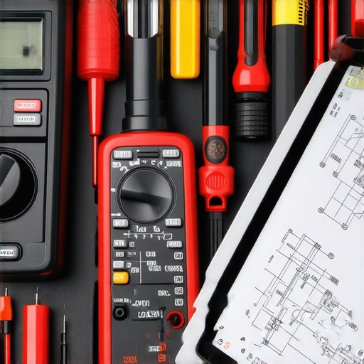 A technician's toolkit featuring a multimeter, screwdrivers, and digital repair resources.