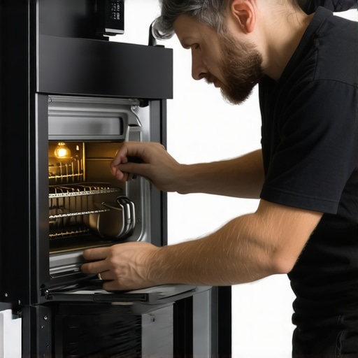 Technician installing a kitchen appliance with proper tools and setup.