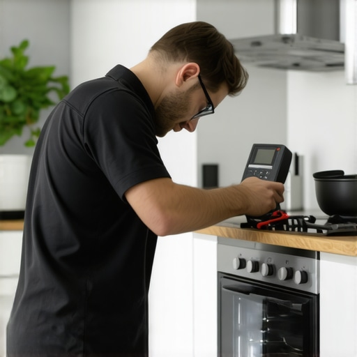 Technician repairing refrigerator with professional tools in a kitchen.