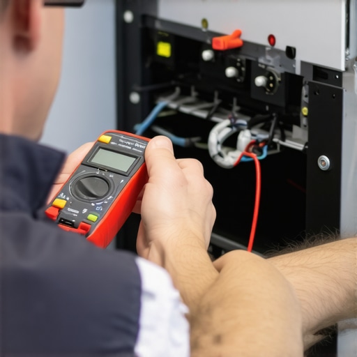 Technician troubleshooting an appliance using a multimeter in a professional setting.