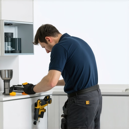 Technician installing a kitchen appliance with tools in a modern kitchen