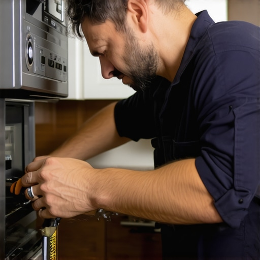 Technician repairing an appliance in a modern kitchen, showcasing fast service and warranty