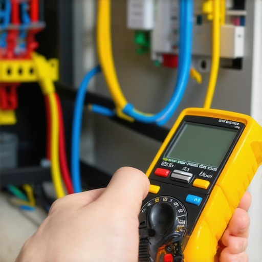 Technician testing appliance wiring with a digital multimeter in a home setting