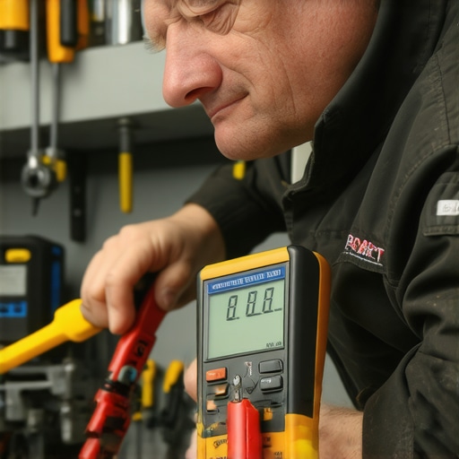 A homeowner inspecting appliances with a multimeter and tightening bolts with a torque wrench
