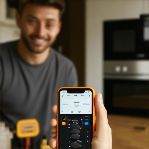Homeowner performing appliance maintenance with digital tools in a modern kitchen