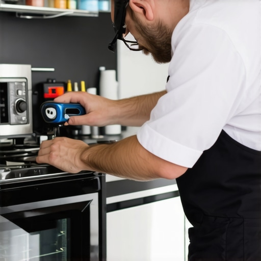 Technician fixing a washing machine in a kitchen, demonstrating professional service