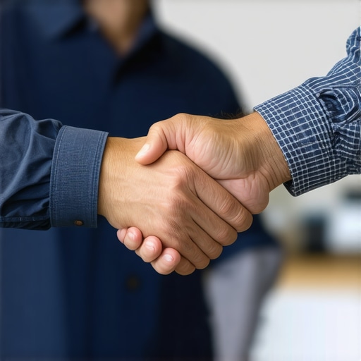 Homeowner shaking hands with technician confirming reliable appliance repair service.