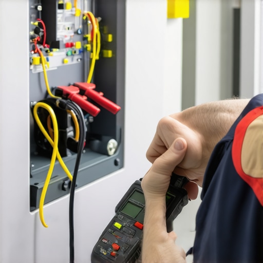 A technician testing an appliance's electrical component with a multimeter.