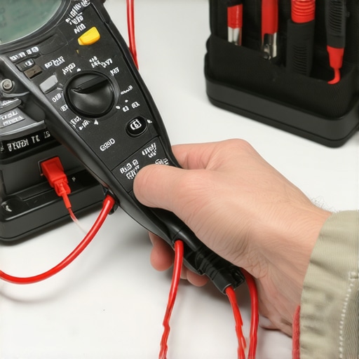 Using a multimeter for appliance maintenance Person testing appliance wiring with a multimeter in a well-lit workshop.