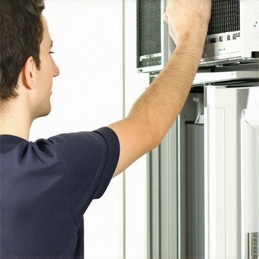 Technician using a brush to clean refrigerator condenser coils in a modern kitchen
