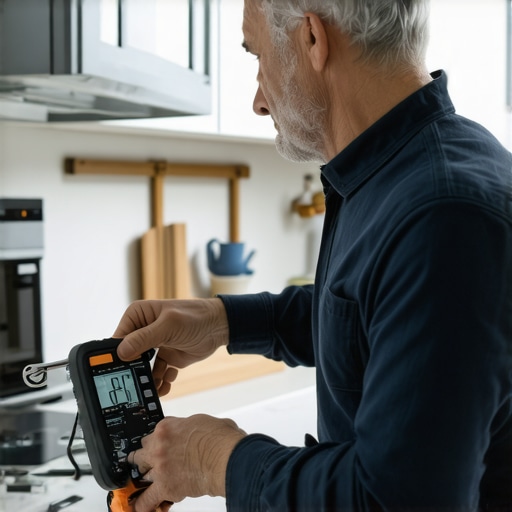 DIY Appliance Maintenance Tools Person testing an appliance with a multimeter in a home kitchen.