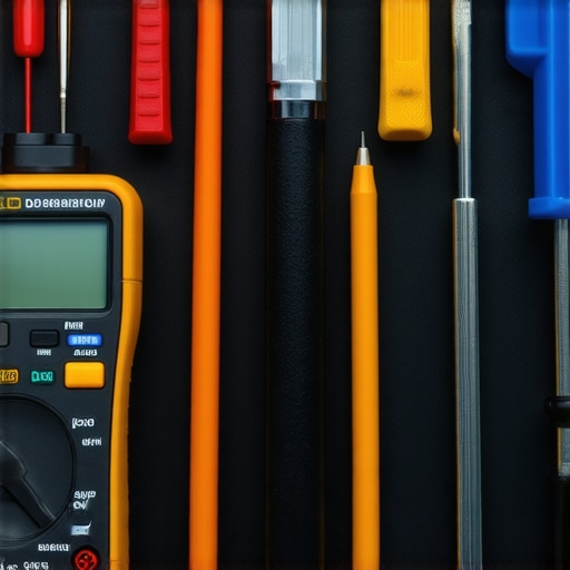 Set of professional repair tools for appliances, including multimeter and screwdrivers, on a workbench