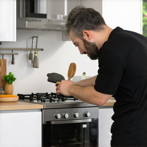 Technician performing same-day repair on a refrigerator in a kitchen