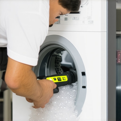 Person adjusting washing machine feet using a bubble level tool, ensuring even placement