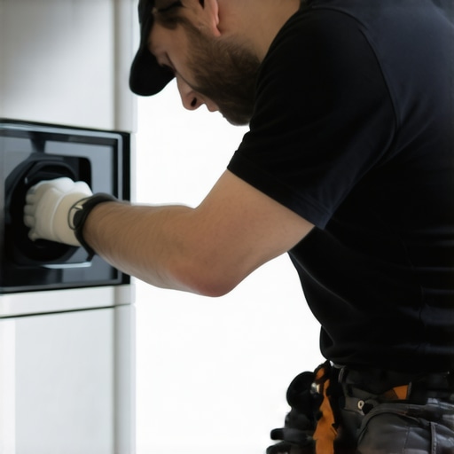 Technician installing an appliance in a modern kitchen setting