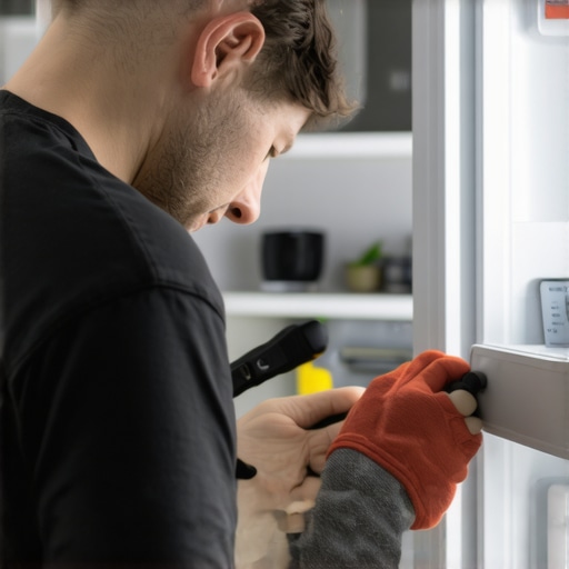 Technician fixing a freezer in a kitchen setting