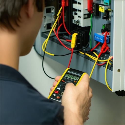 Person testing appliance wiring with a multimeter during maintenance.