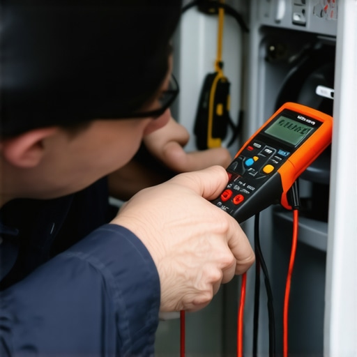 Technician measuring appliance voltage with a multimeter, showcasing home repair tools.