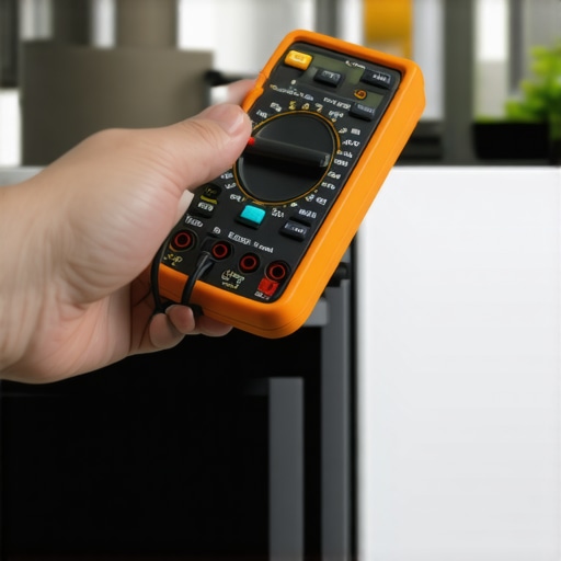 Hand measuring appliance electrical circuit with multimeter.