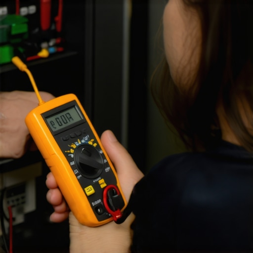 Using a digital multimeter for appliance maintenance Person testing an appliance's electrical outlet with a digital multimeter