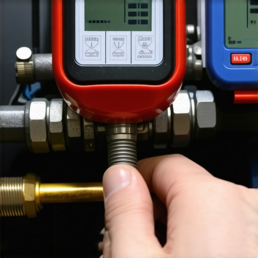 A technician using a digital manifold gauge to measure refrigerant pressure