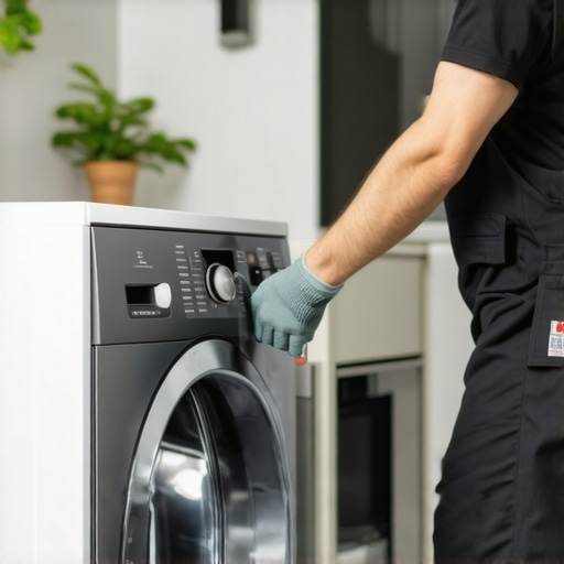 Tech inspecting a washing machine for leaks after installation