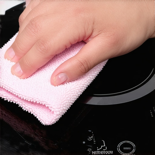 Person cleaning induction cooktop with cloth