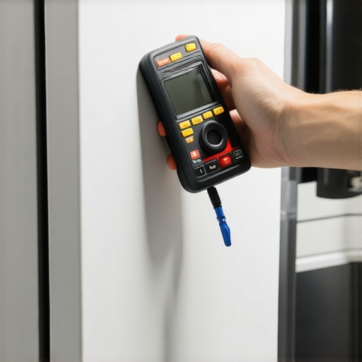 A person testing an appliance with a multimeter and inspecting with a mirror