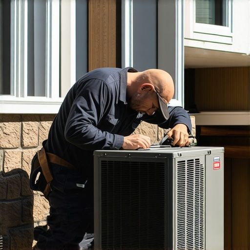 Technician fixing outdoor air conditioning unit efficiently
