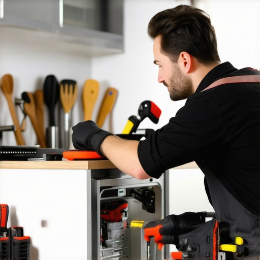 Technician properly setting up an appliance with proper tools and level