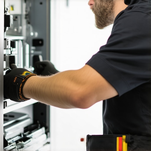 Proper Appliance Installation Technician aligning a dishwasher during installation with a level tool.