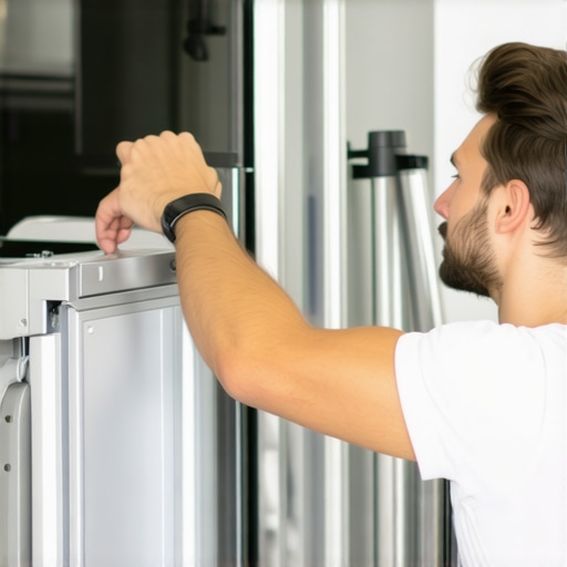 Technician securely installing a refrigerator with level and correct connections.