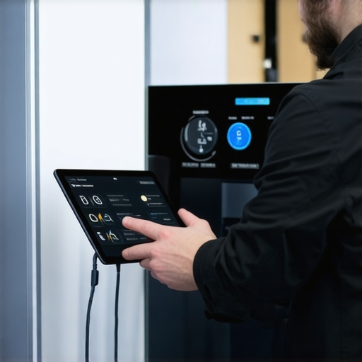 Technician performing a diagnostic test on a smart dishwasher using a tablet