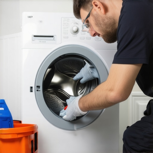 Technician fixing a washing machine with tools in a home laundry room.