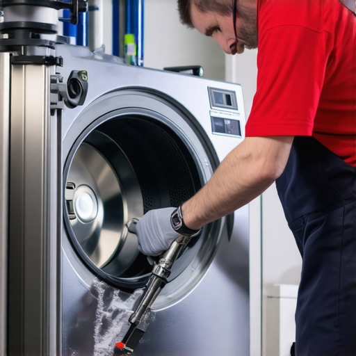 Technician repairing dryer drum and inspecting belt for wear.