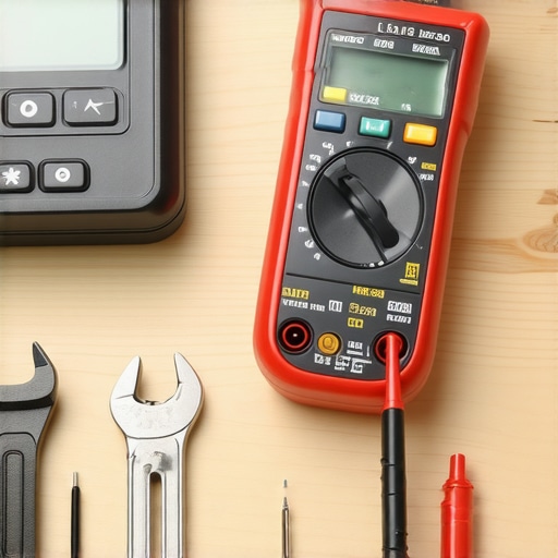 A digital multimeter and a wrench set placed on a workbench, symbolizing reliable maintenance tools.