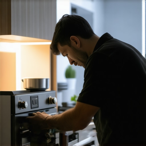 Technician fixing a microwave oven in a sleek kitchen setting