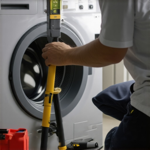 Person using bubble level to ensure washing machine is perfectly leveled in laundry room