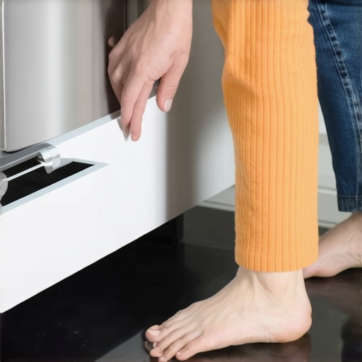 Person using a wrench to adjust fridge leveling legs with a bubble level nearby.