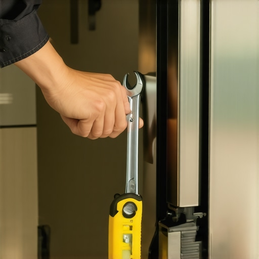 Person adjusting the leveling feet of a refrigerator using a wrench and a spirit level for proper alignment.