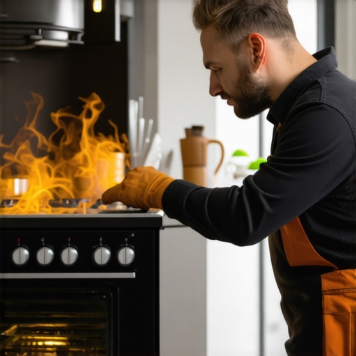 Technician checking a gas oven's pressure and safety components in a kitchen.